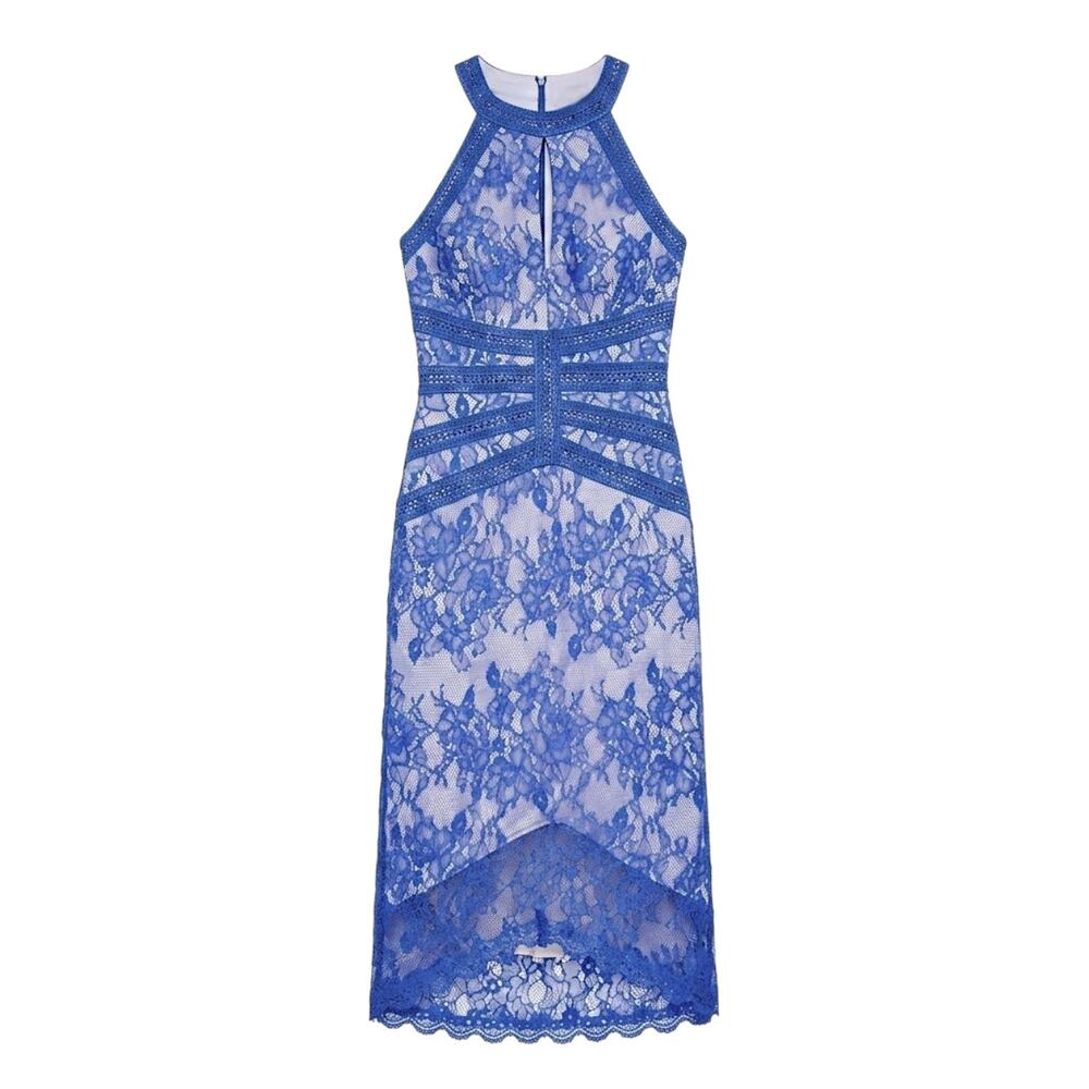 Tadashi Shoji Blue Floral Lace High Low Tea Length Dress | Size 4